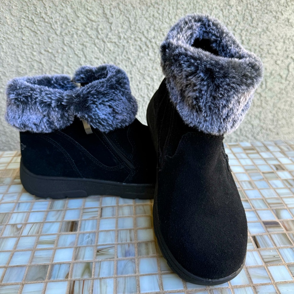 SPORTO Fur Cuff Ankle Boot with Double Zippers - Black & Gray - Size 8